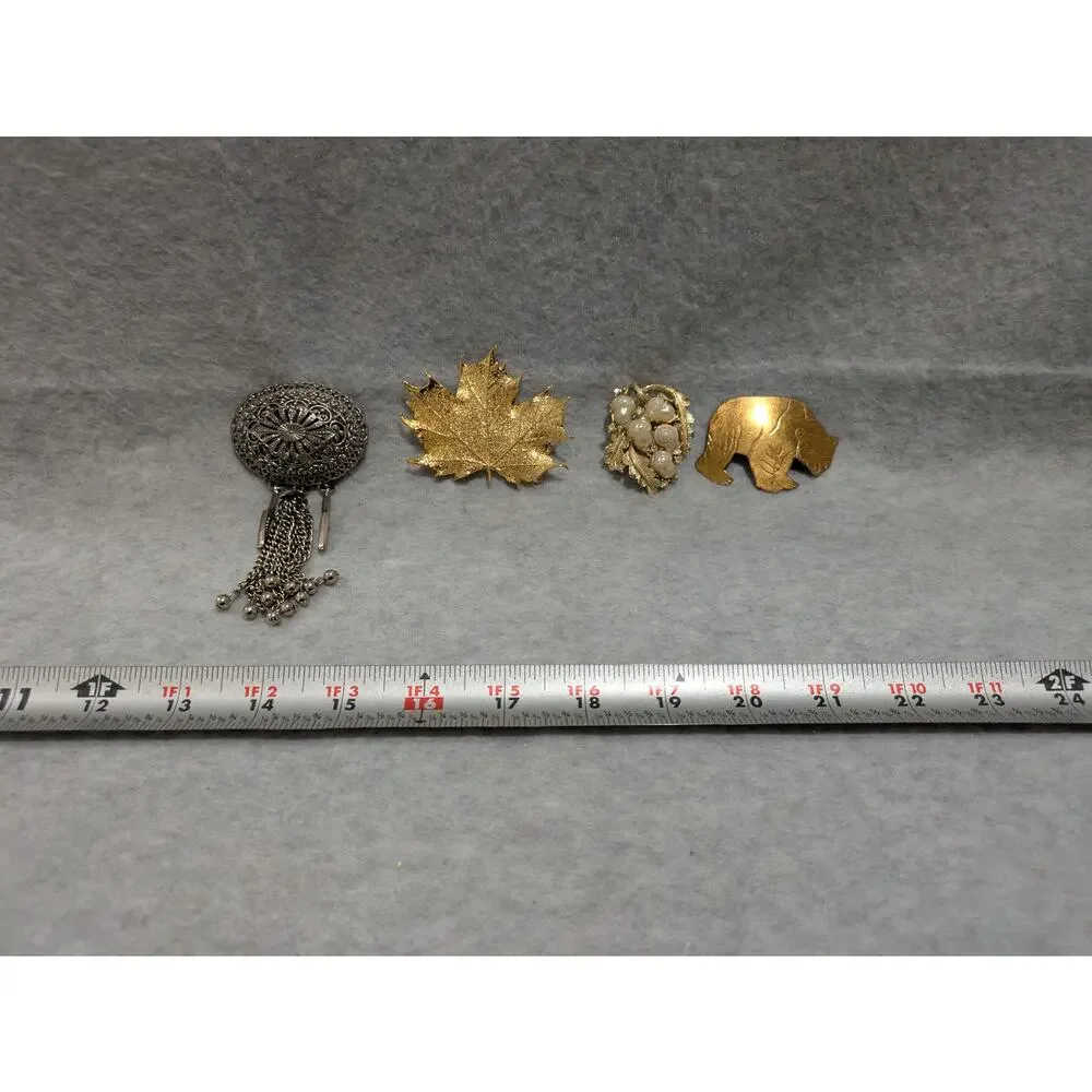 Vintage Brooch Pin Lot of 4 Victorian Tassle Maple Leaf Bear‎ Gold Silver Tone